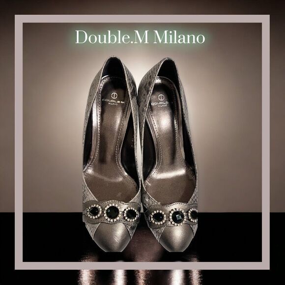 DOUBLE M MILANO Metallic Silver Python Print Statement Crystal Rhinestone Heels - Picture 2 of 11